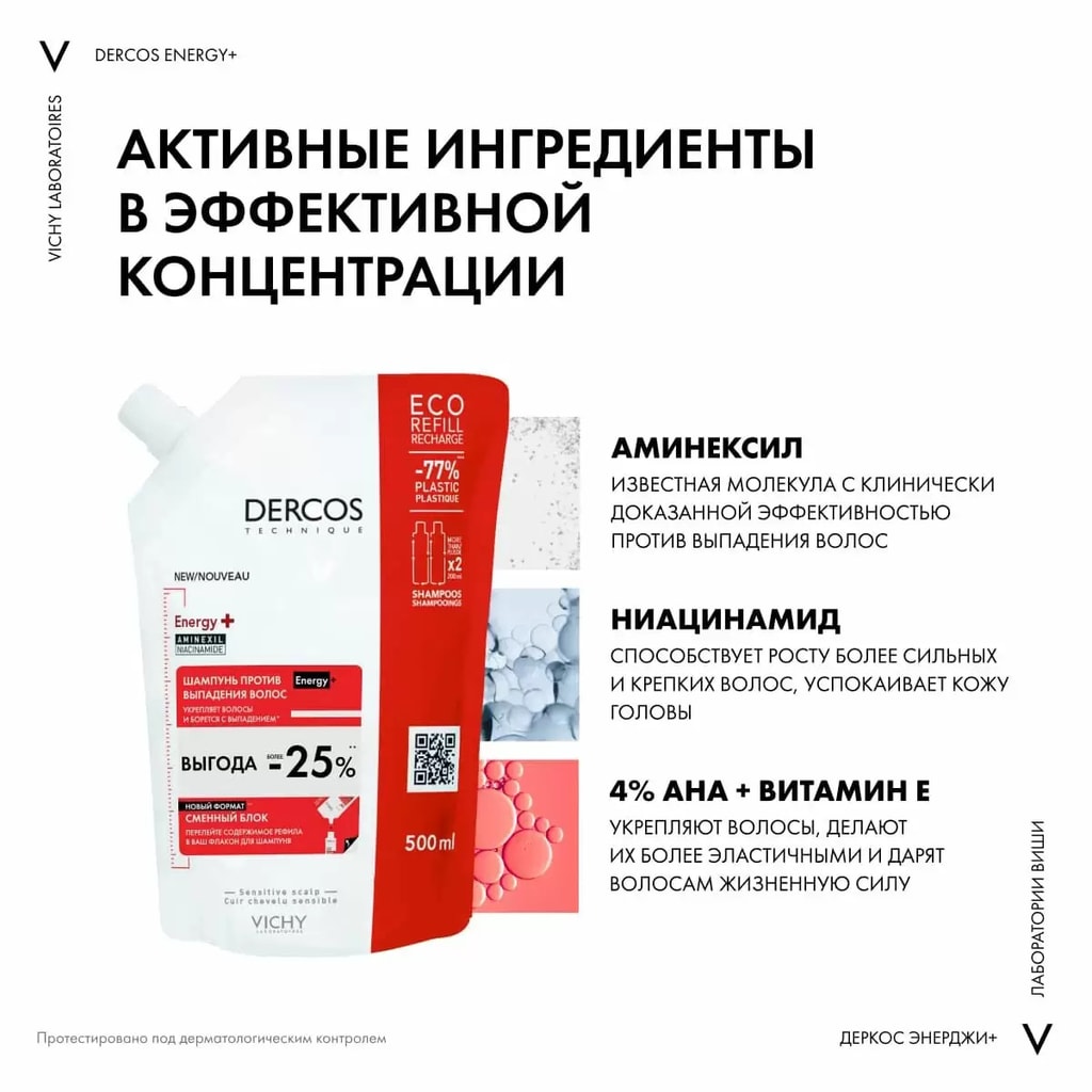 Vichy Dercos Energy+ Шампунь против выпадения и истончения волос Сменный блок 500 мл