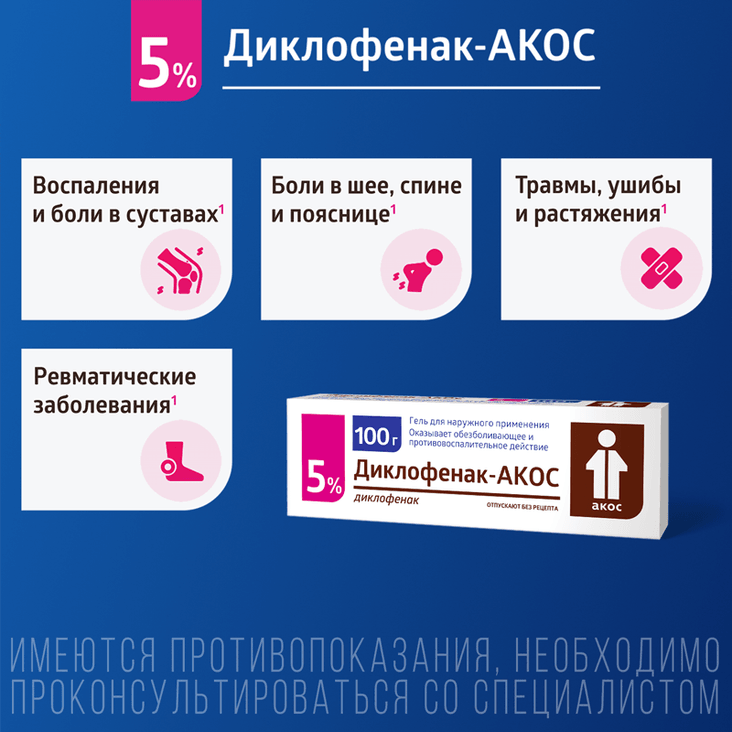 Диклофенак-АКОС 5% гель для наружного применения 100 г