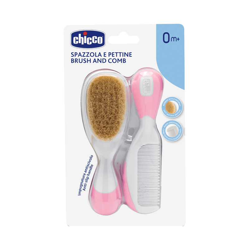 Chicco Набор детский расческа+щетка натуральная щетина Розовый