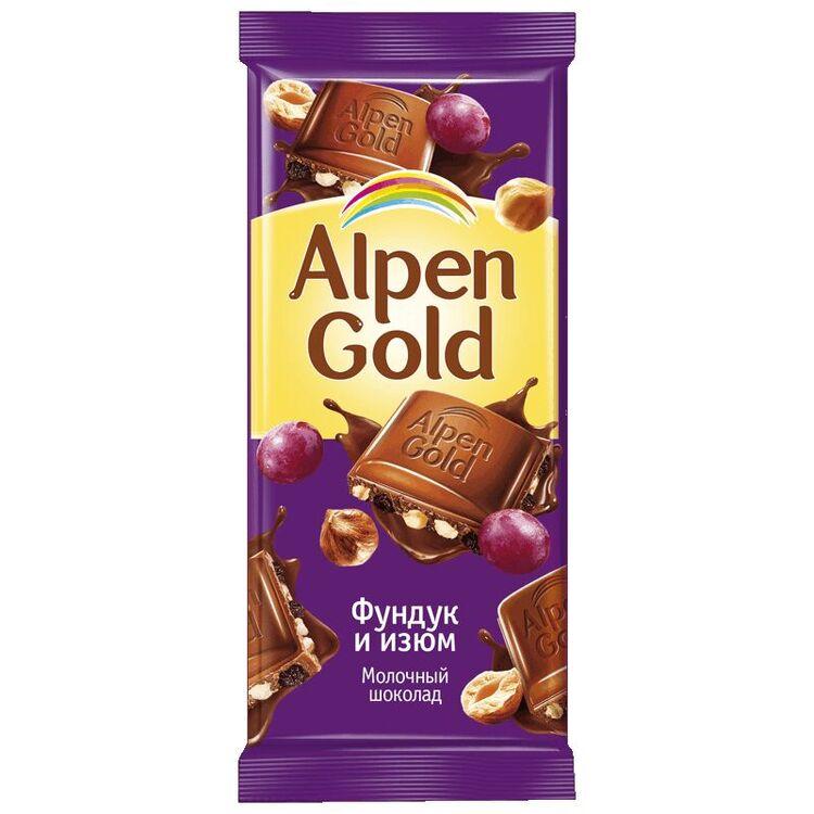 Alpen Gold Шоколад молочный с фундуком и изюмом 90 г