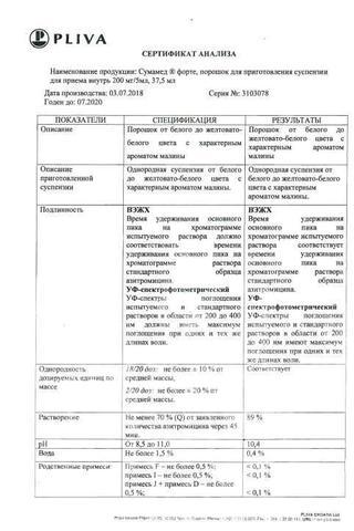 Сертификат Сумамед форте порош. д/сусп.200 мг/5 мл фл. 29,3 г