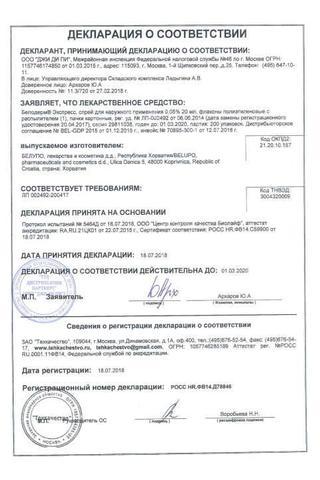 Сертификат Белодерм Экспресс спрей 0,05% фл. 20 мл