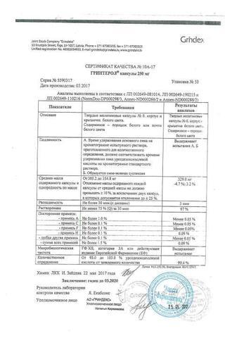 Сертификат Гринтерол капсулы 250 мг 50 шт