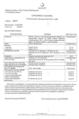 Сертификат Гутталакс таблетки 5 мг 50 шт