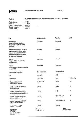 Сертификат Тафлотан капли глазные 0,0015% тюб.-кап.0,3 мл 30 шт