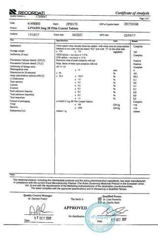 Сертификат Ливазо таблетки 2 мг 28 шт