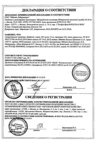 Сертификат Дюфалак сироп 667 мг/ мл фл.1000 мл