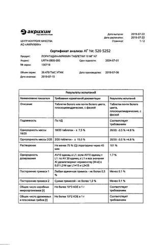 Сертификат Лоратадин-Акрихин таблетки 10 мг 7 шт