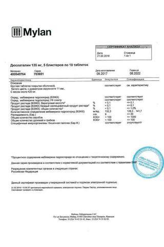 Сертификат Дюспаталин таб.п.о.135 мг 50 шт