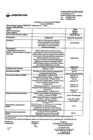 Сертификат Гипосарт таблетки 8 мг 28 шт
