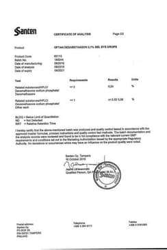 Сертификат Офтан дексаметазон капли глазные 1 мг/ мл фл.-кап.5 мл