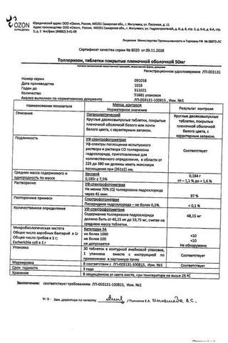 Сертификат Толперизон таблетки 50 мг 30 шт