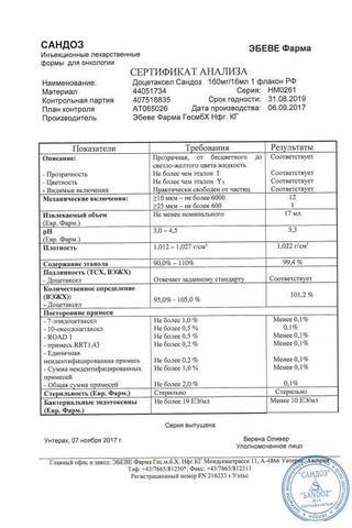 Сертификат Доцетаксел Сандоз концентрат 10 мг/ мл фл.16 мл 1 шт