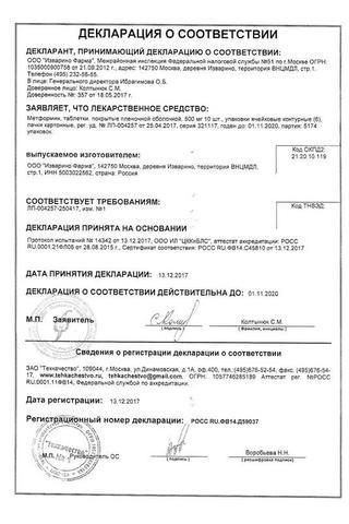 Сертификат Метформин таблетки 500 мг 60 шт