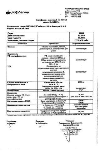 Сертификат Метокард таблетки 100 мг 30 шт