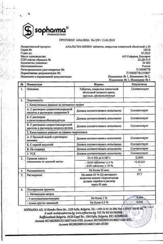 Сертификат Анальгин-хинин таблетки 20 шт