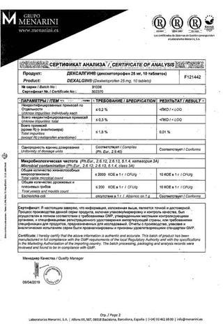 Сертификат Дексалгин 25 таблетки 25 мг 10 шт