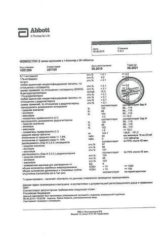 Сертификат Фемостон 1 набор таблетки 28 шт