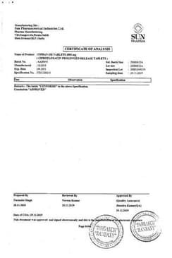 Сертификат Цифран ОД 1000 мг таблетки с пролонгированным высвобождением 10 шт