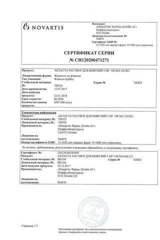 Сертификат Акласта раствор 5 мг/100 мл фл.100 мл 1 шт