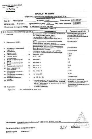 Сертификат Цефекон Д суппозитории ректальные для детей 250 мг 10 шт