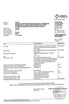 Сертификат Ципринол 500 мг таблетки 10 шт