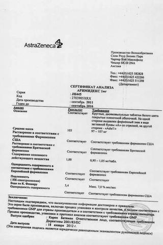 Сертификат Аримидекс таблетки 1 мг 28 шт