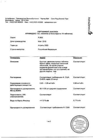Сертификат Аримидекс таблетки 1 мг 28 шт