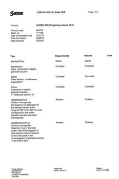 Сертификат Лекролин 20 мг/мл капли глазные 10 мл