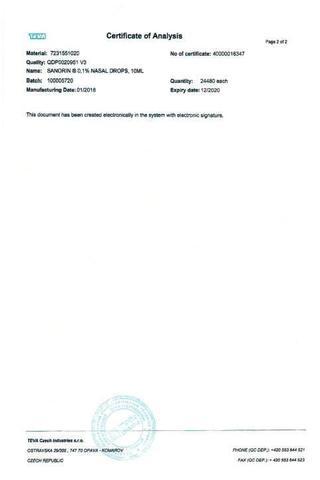 Сертификат Санорин капли назальные 0,1% фл.10 мл