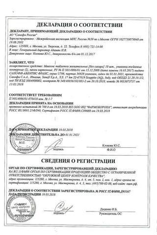 Сертификат Маалокс таблетки жевательные 20 шт