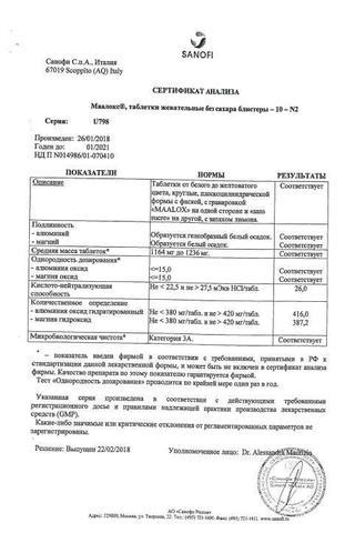 Сертификат Маалокс таблетки жевательные 20 шт