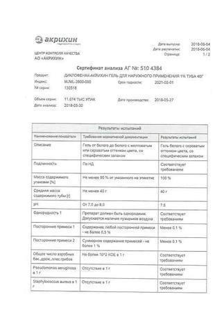 Сертификат Диклофенак-Акрихин гель 1% туба 40 г