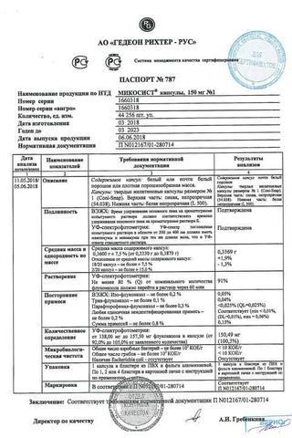 Сертификат Микосист капсулы 150 мг 1 шт