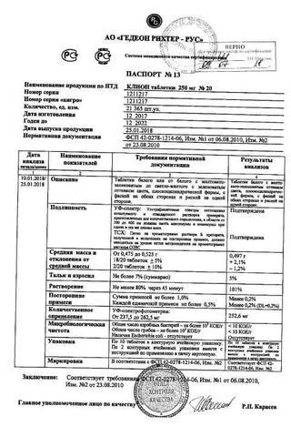 Сертификат Клион таблетки 250 мг 20 шт