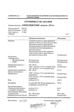 Сертификат Амоксициллин 250 мг капсулы 16 шт