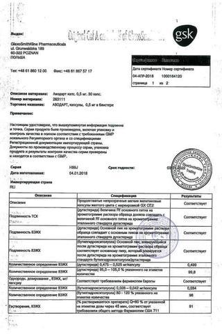 Сертификат Аводарт капсулы 0,5 мг 30 шт