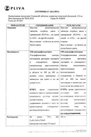 Сертификат Сумамед таблетки 125 мг 6 шт