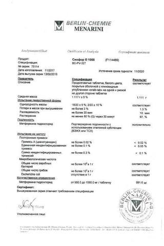 Сертификат Сиофор 1000 таблетки 1000 мг 60 шт