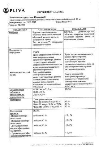 Сертификат Коринфар таблетки 10 мг фл 50 шт
