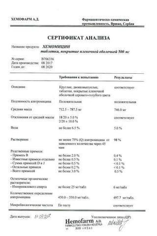 Сертификат Хемомицин таблетки 500 мг 3 шт
