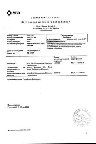 Сертификат Аркоксиа таблетки 90 мг 7 шт