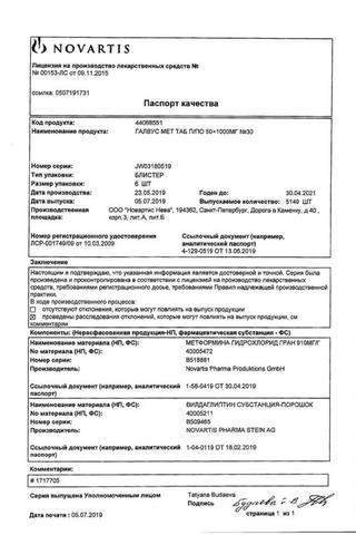 Сертификат Галвус Мет таблетки 500 мг+50 мг 30 шт