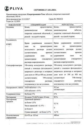 Сертификат Кларитромицин-Тева таблетки 500 мг 14 шт