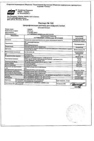 Сертификат Ципрофлоксацин р-р д/инф.2 мг/ мл фл.100 мл