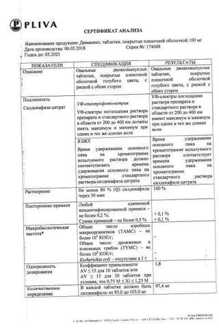 Сертификат Динамико таблетки 100 мг 4 шт