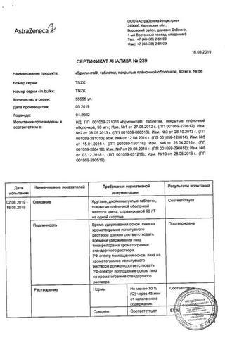 Сертификат Брилинта таблетки 90 мг 56 шт