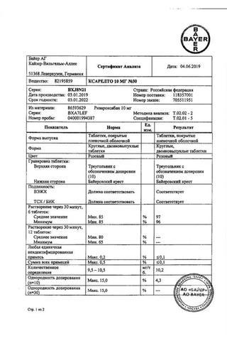 Сертификат Ксарелто таблетки 10 мг 30 шт