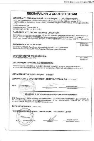 Сертификат Диклофенак суппозитории ректальные 100 мг 6 шт