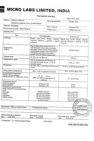 Сертификат Небилонг таблетки 10 мг 30 шт